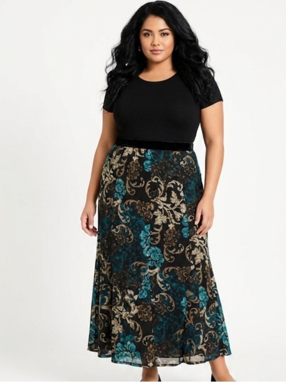 CHOICES Maxi Skirt with Elastic waist black background multi colour Size X-Large